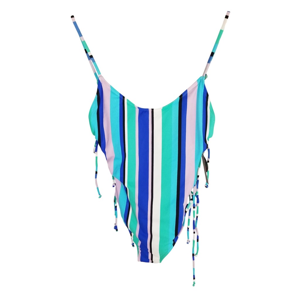 No Boundaries Womens Striped Lace Up Side One‎ Piece Swimsuit Y2K L 11-13 NWT